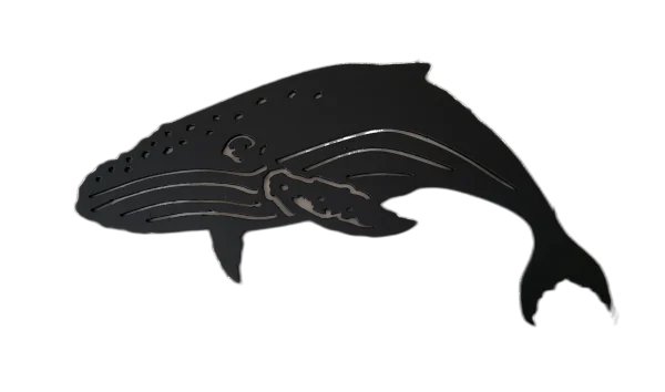 A 21-inch laser-cut, black-painted steel wall art piece featuring a diving humpback whale with detailed cut-outs of fins and tail, set with no background.